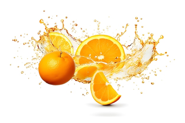 Orange with splashes isolated on white background