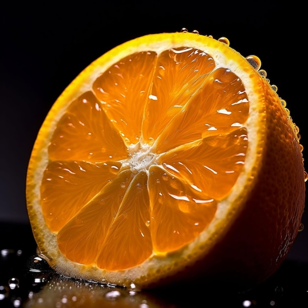 An orange with water drops on it and the bottom half is on a black background Generative AI