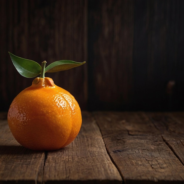 a orange on a wooden surface