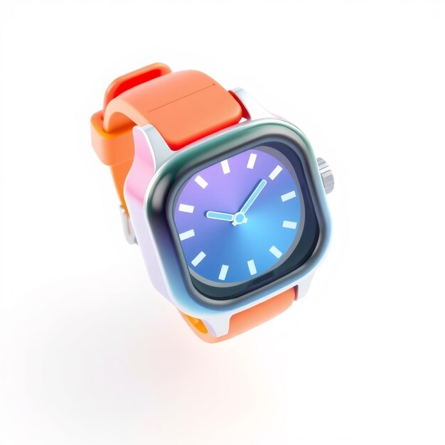 Photo orange wristwatch with blue face isolated on white