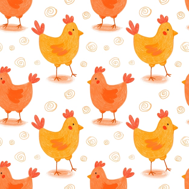 Orange and yellow hens seamless pattern on white Hand drawn with color pencils chicks repeat print