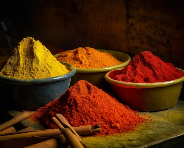 Orange yellow and red spices in the big bowls Cinnamon sticks at foreground Generative AI