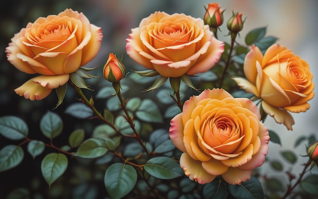 Orange and yellow rose flowers on a blurred background