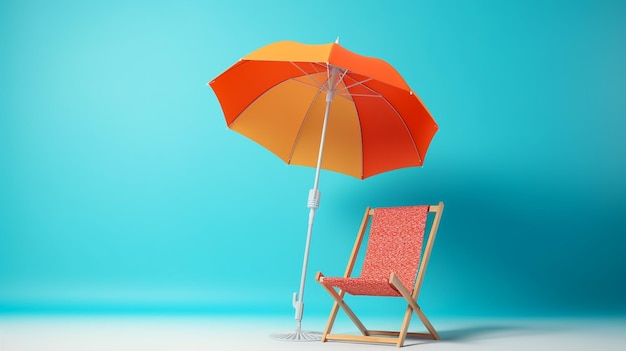 An orange and yellow umbrella is open and the chair is opened up.