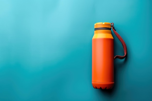 Orange and Yellow Water Bottle With Red Strap on Teal Background