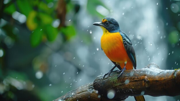 OrangeBreasted Bird Perched on a Branch in a Rain Shower