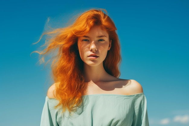 orangehaired woman in front of a blue background