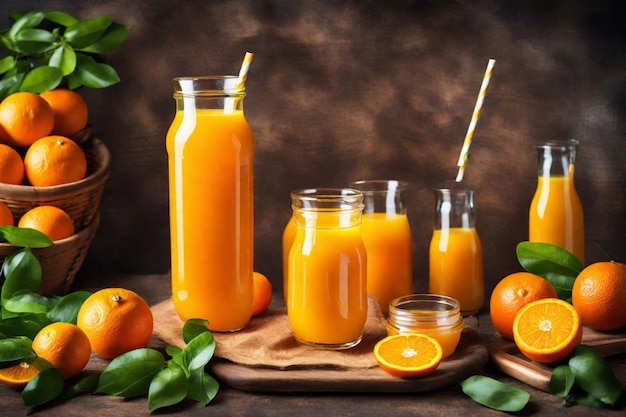 oranges and apples on a table with a bottle of orange juice