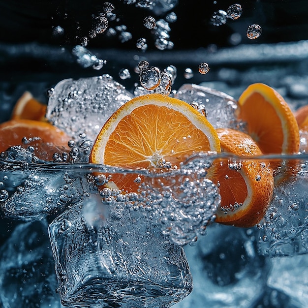 Photo oranges are being poured into a glass of ice