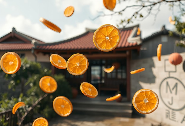 Photo oranges are flying in the air with the words  oranges