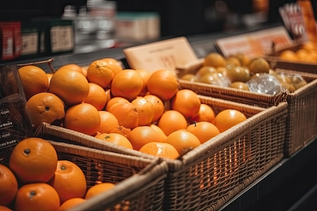 Oranges in a basket on a shelf in a grocery store Close Up shopping baskets and fresh fruits AI Generated