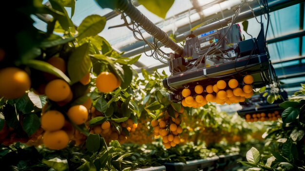 Oranges being grown in greenhouse with camera on top of them Generative AI