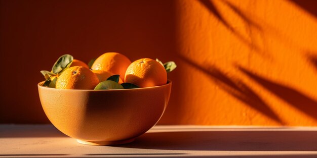 Oranges in a bowl on a table with a palm tree shadow on the wall