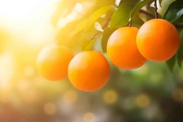 Oranges on the branches in bright sunlight in the summer garden Mandarin tree closeup Blurred background