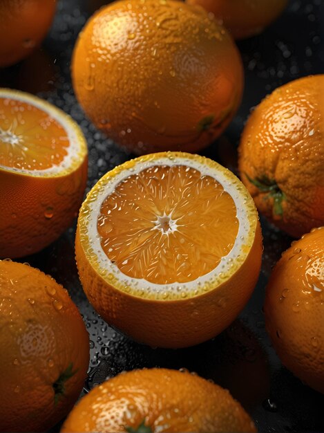 Oranges on a dark background splashes of juice