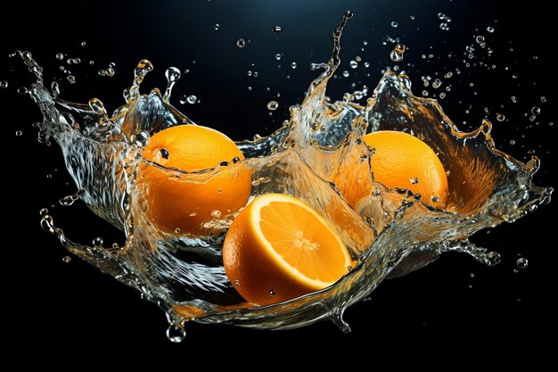 Oranges flying in the air and splashing water