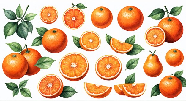 Photo oranges and green leaves on a white background