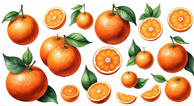 oranges and green leaves on a white background