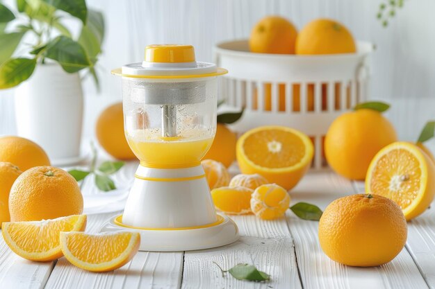 Photo oranges juice and press on white table