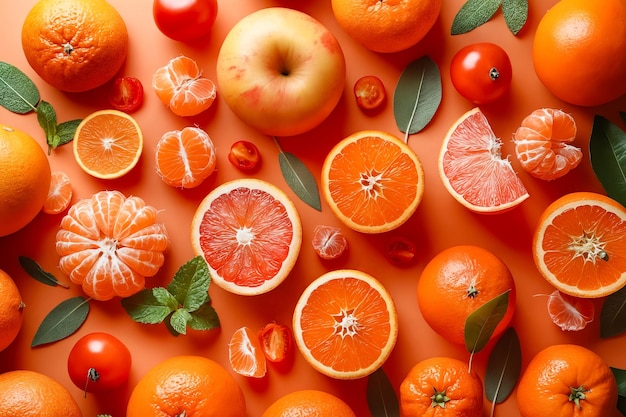 Oranges lemons limes and other citrus fruits on a pink background