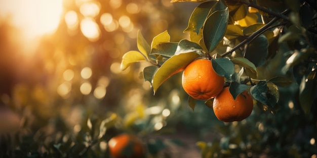 Oranges or mandarines on a tree in a plantation Oranges or mandarines orchard background copy space