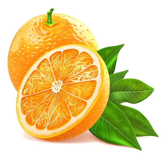 oranges one whole and half orange with leaves isolat