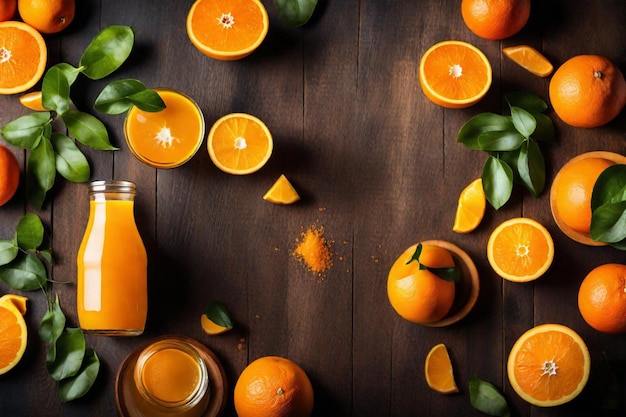 oranges and oranges are on a wooden table with a bottle of orange juice