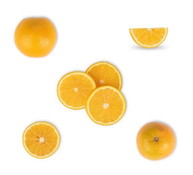 Oranges and slices various ways isolated over white background