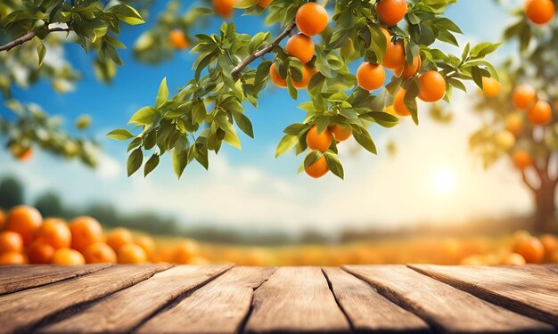 Oranges tree and a lot of orange background with wooden table foreground