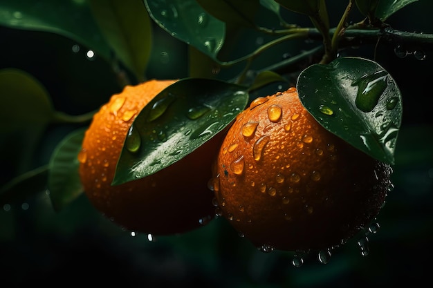 Oranges on a tree with rain drops on them