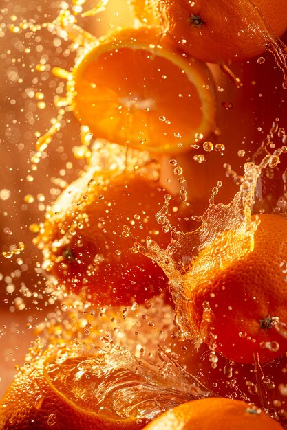 Oranges in water splashing on a yellow background