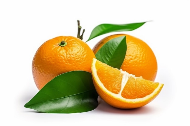 Oranges with green leaves on a white background