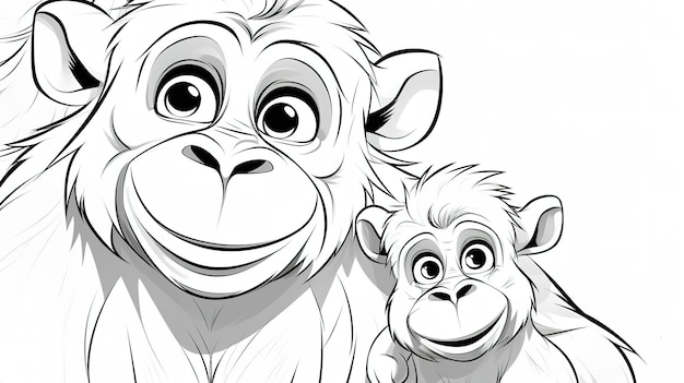 Orangutan coloring page with big cute eyes and her cub Generative AI