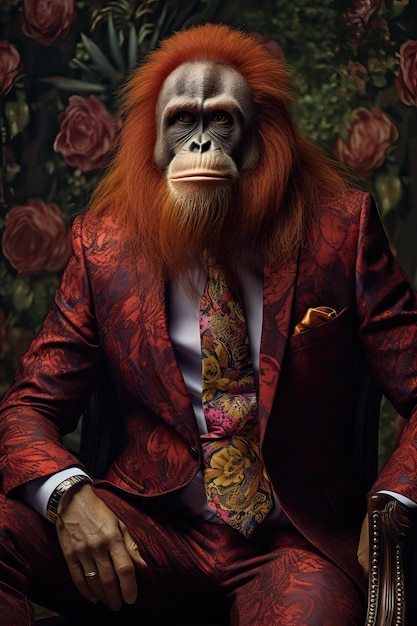 Orangutan dressed in an elegant modern orange suit with a nice tie Fashion portrait of an