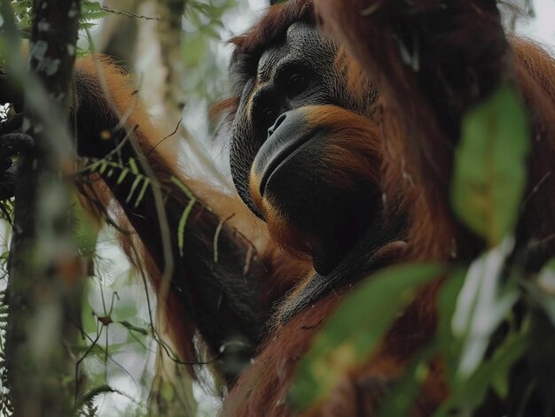 Photo an orangutan is in a tree with a black nose