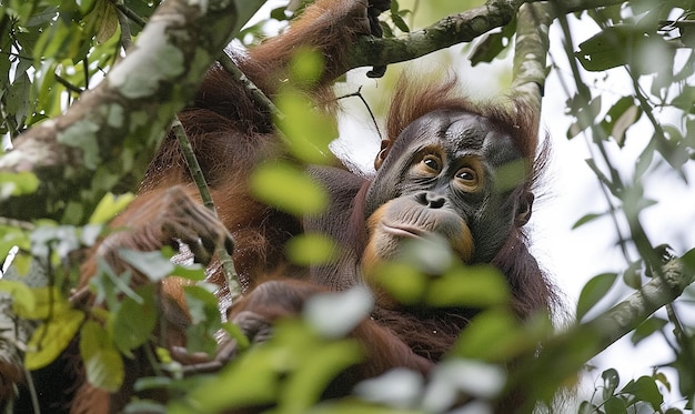 an orangutan is in a tree with a face that says orangutan