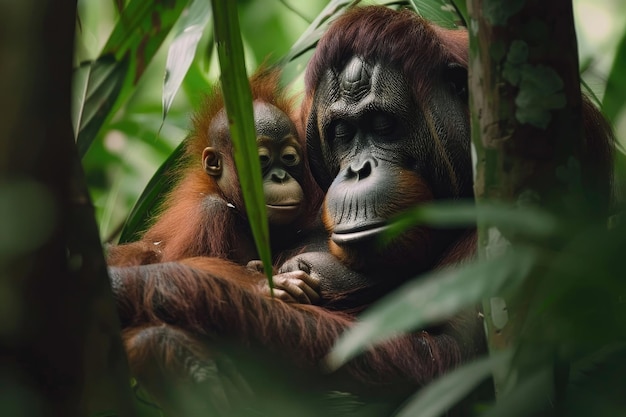 An orangutan mother holds her infant close in the jungle