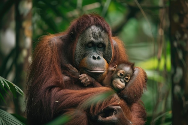 An orangutan mother holds her infant close in the jungle