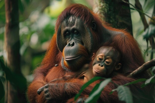 An orangutan mother holds her infant close in the jungle