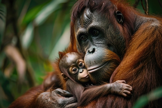 An orangutan mother holds her infant close in the jungle