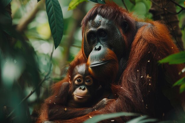 An orangutan mother holds her infant close in the jungle