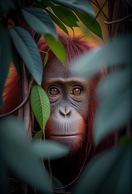 Orangutan peering through the leaves generative ai