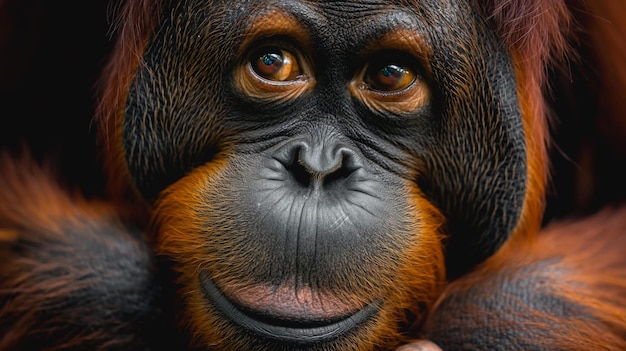 Orangutan pondering rainforest eyelevel thoughtful expression natural colors Generative AI