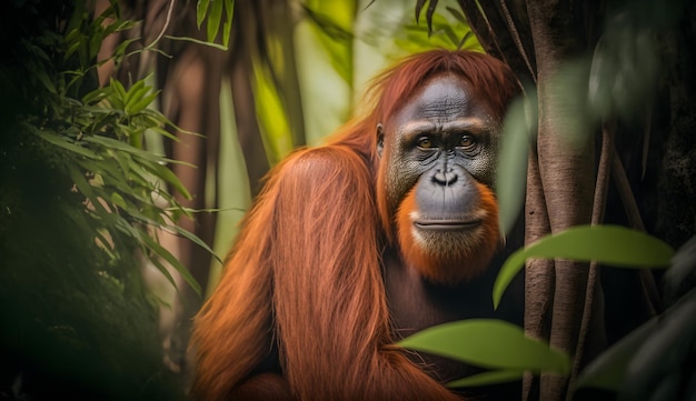 Orangutan in a tropical rainforest conservation area Borneo endemic primates generative ai