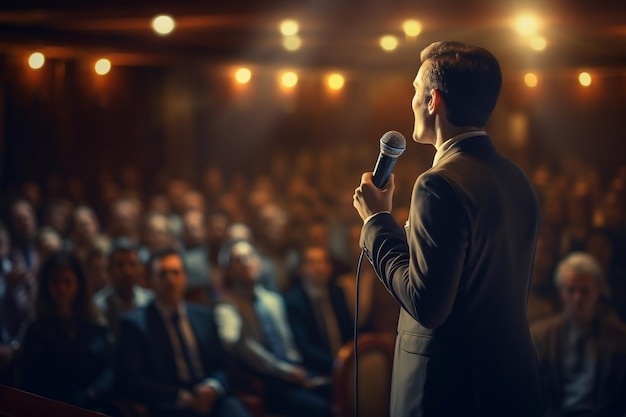 Orator39s Presence Portrait of a Speaker Man Holding Microphone Addressing the Audience Generative Ai