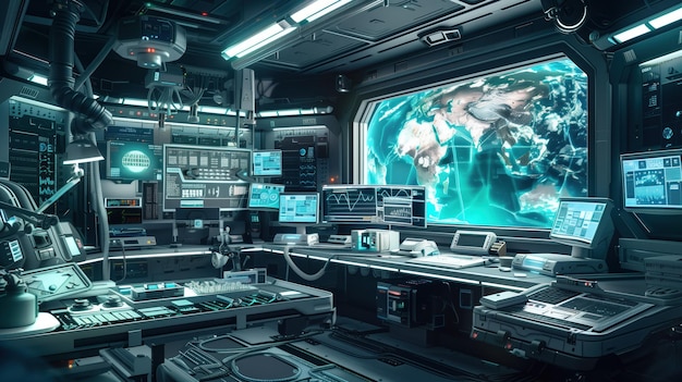 Orbiting Command Center Inside an advanced space station a hightech command center monitors global activities from orbit with a large holographic display of Earth at the heart of its operations