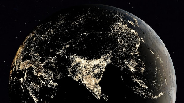 Orbiting globe shows illuminated city lights in India view from space of earth