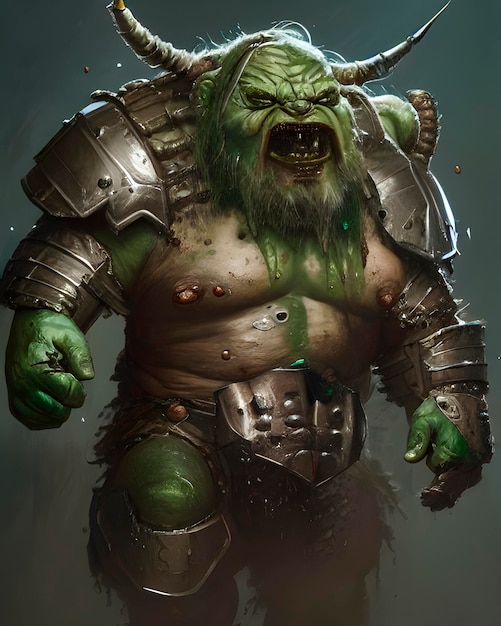 orc, cute, fantasy, portrait of scruffy haired wearing metal armour, monster