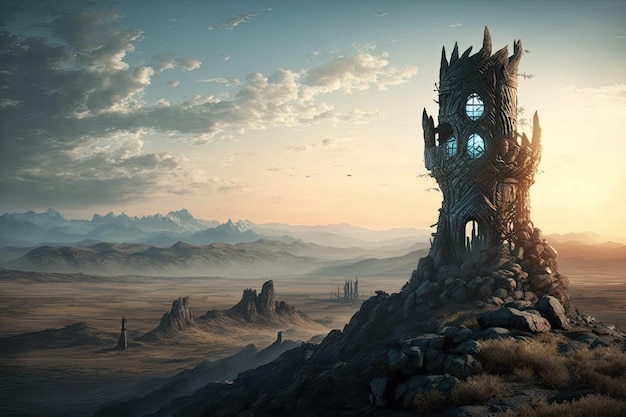 Orc guard tower overlooking desolate mordor landscape