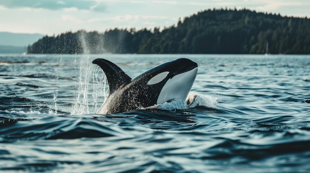 An orca gracefully breaches the water against a backdrop of forested coastline and calm waters demonstrating the majestic beauty of marine life in the wild